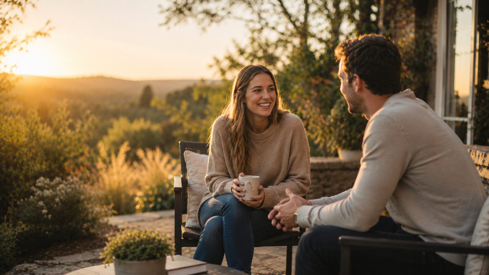 A woman and a man sitting outdoors at sunset, talking together over coffee.